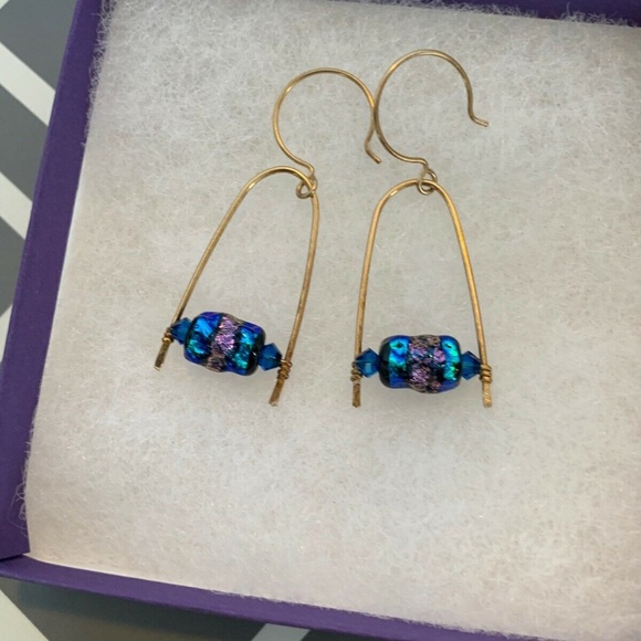 Lake Tahoe Fire Glass Earrings 14k GF Wires - Picture 2 of 3